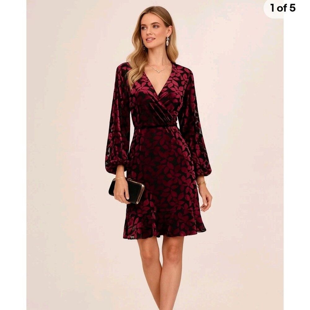 Adrianna Papell Burgundy Velvet Burnout Faux Wrap Long Sleeve Dress 2 Whimsygoth